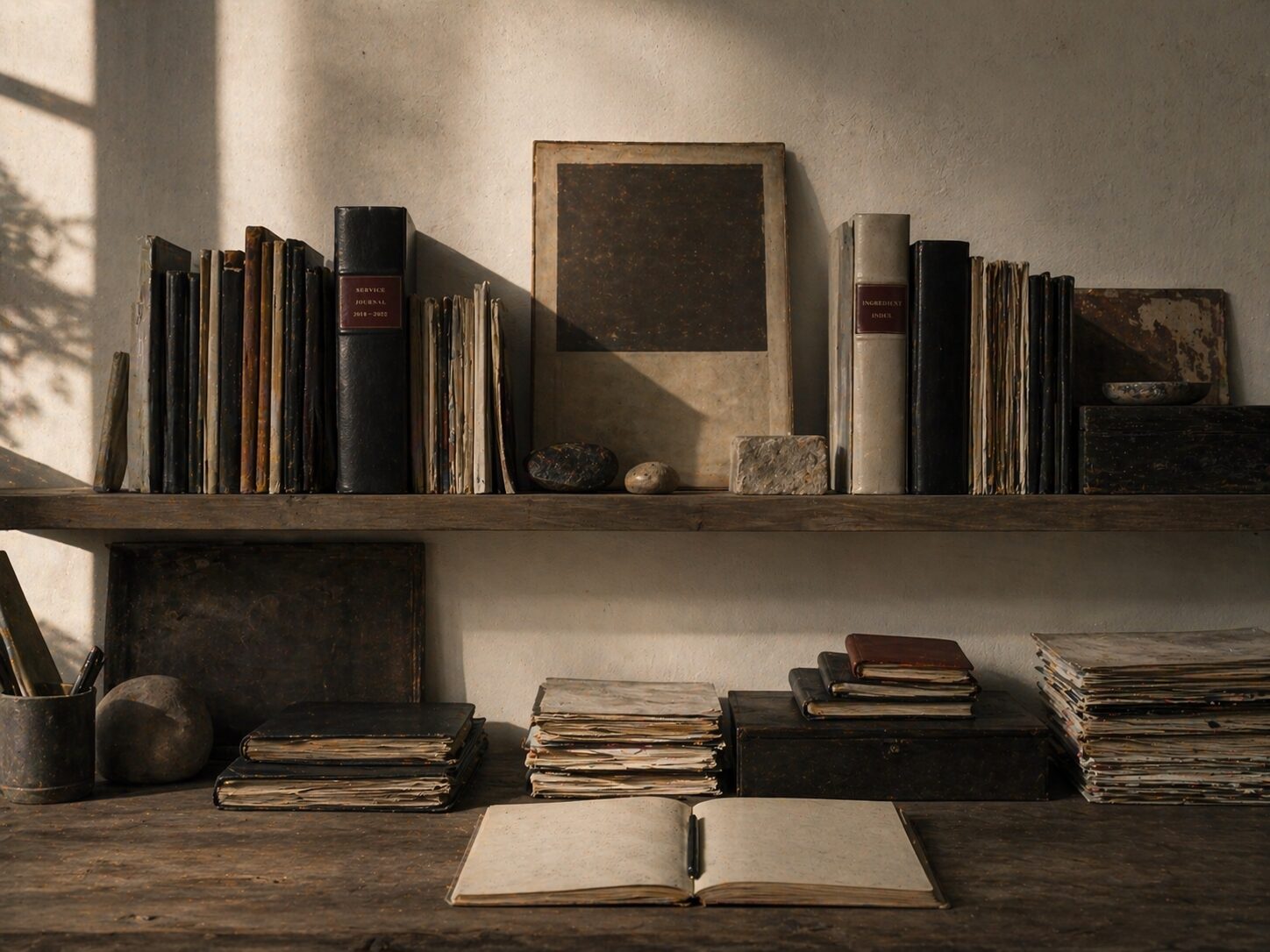 An operator's archive: old bound service journals and bundles of printed reference material on wooden shelves, warm morning light