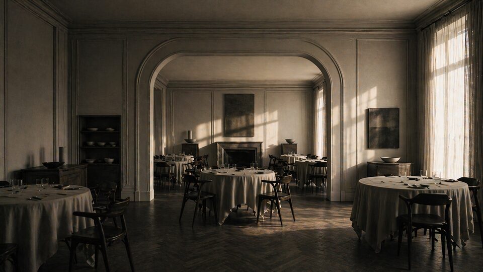 Empty luxury dining room at dawn
