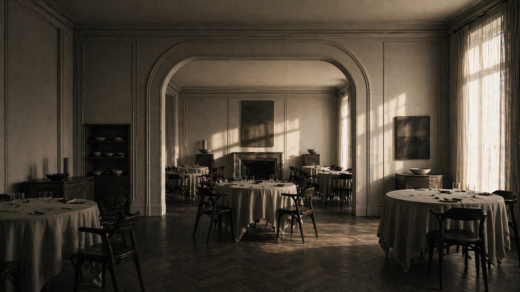 An empty luxury dining room — the space the VVIP occupies for 90 minutes and remembers for 18 months